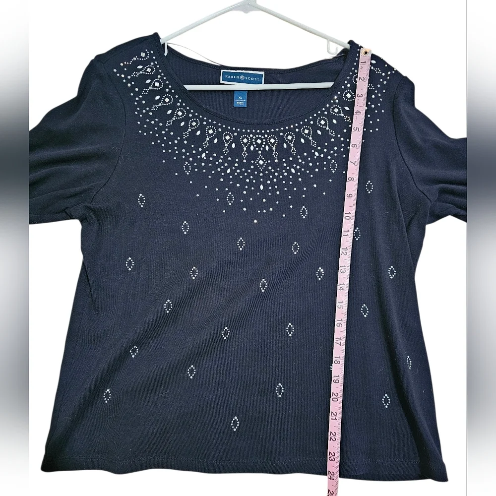 Karen Scott XL Navy Embellished Rhinestone Top Classic Holiday Evening Knit - Picture 6 of 6